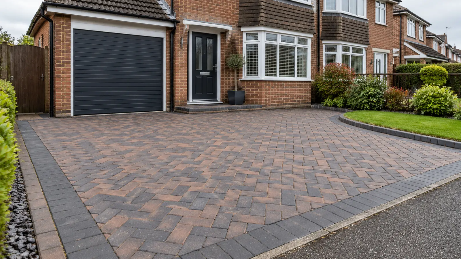 block paving calculator - herringbone brick block paving driveway laid outside a British home