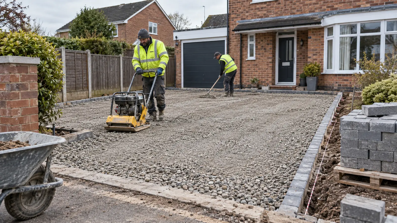 driveway paving cost - groundworkers compacting a driveway stone sub-base before laying paving outside a house