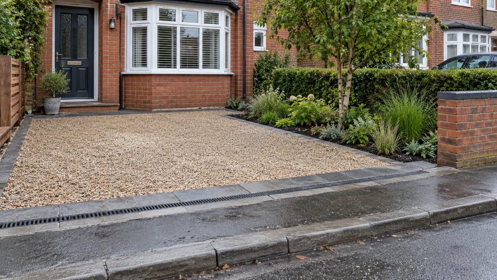 driveway planning permission - permeable front garden driveway with natural planting and drainage at a UK house