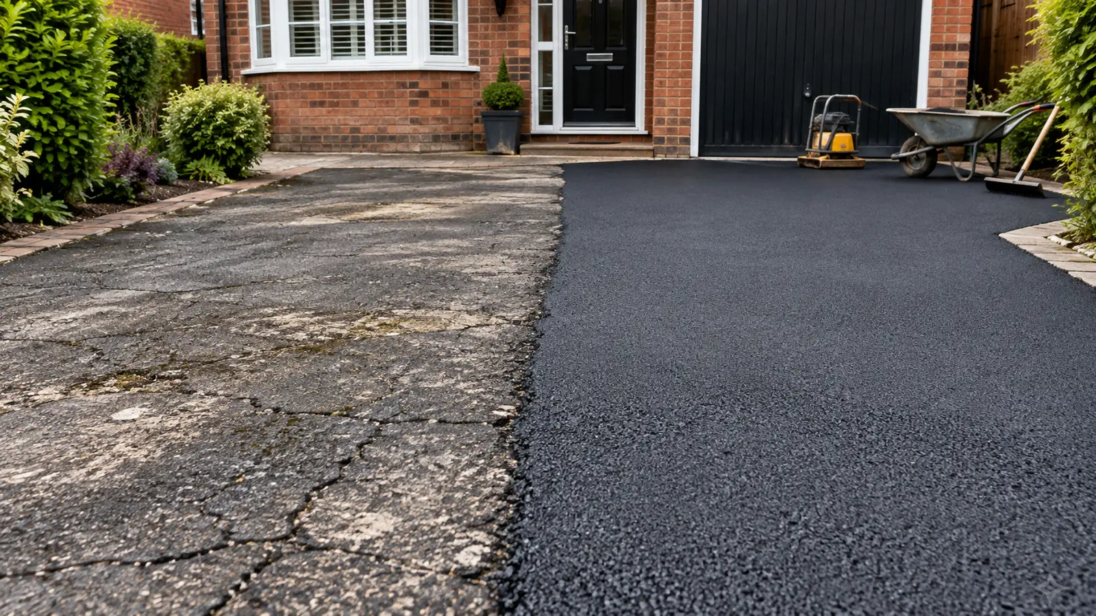 driveway resurfacing cost - an old tarmac driveway being renewed with a fresh dark surface at a British house