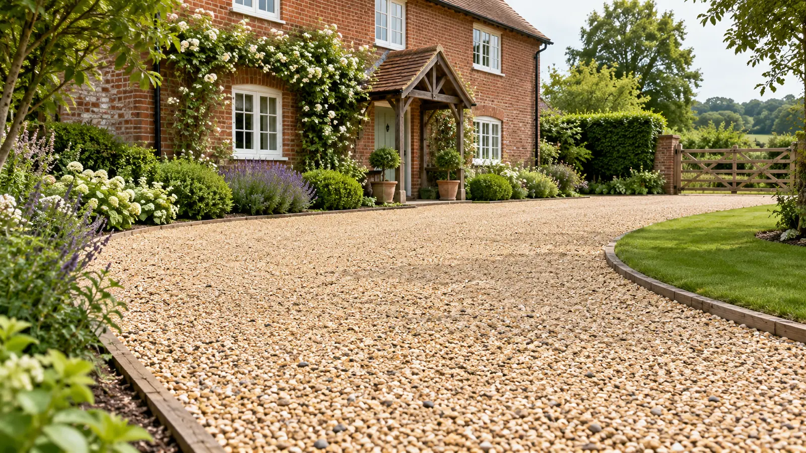 gravel driveway cost - pale natural gravel driveway with neat garden edging at a British house