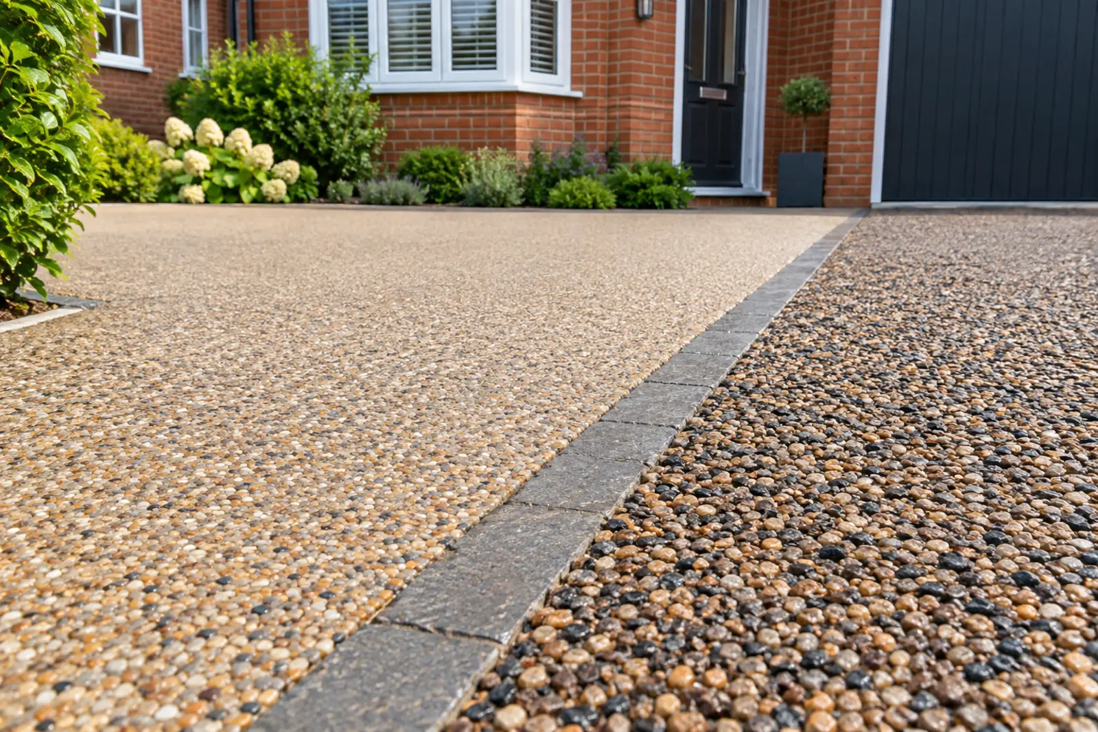 resin bound vs resin bonded - close view of two contrasting aggregate driveway finishes in natural daylight