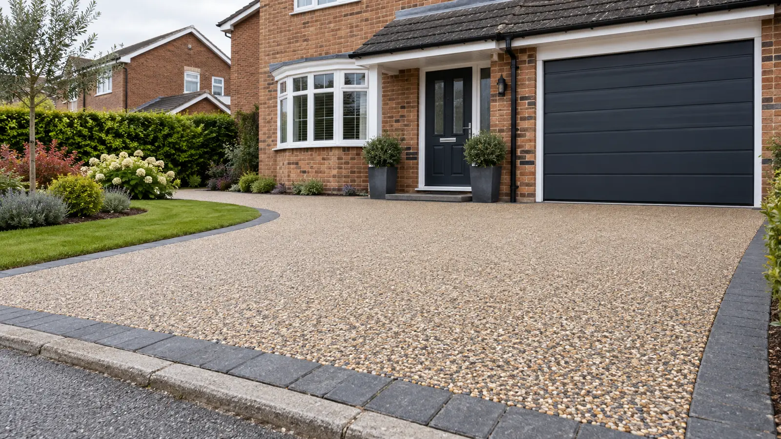resin driveway cost - close view of a finished natural stone resin-bound driveway outside a British brick home