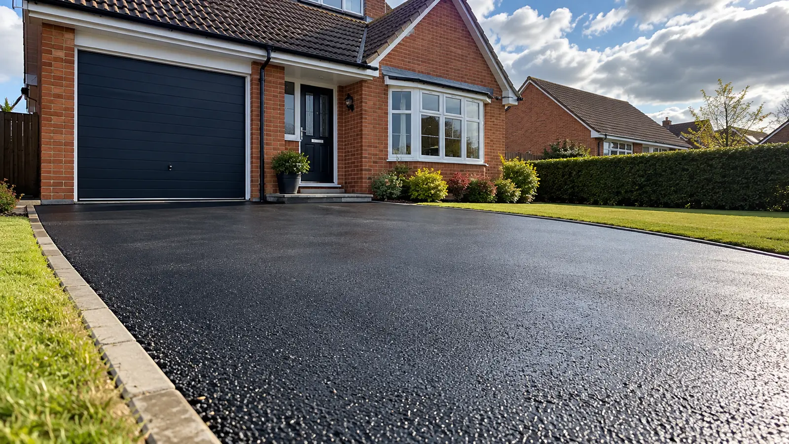 tarmac driveway prices - smooth newly laid black tarmac driveway outside a red brick house in Britain
