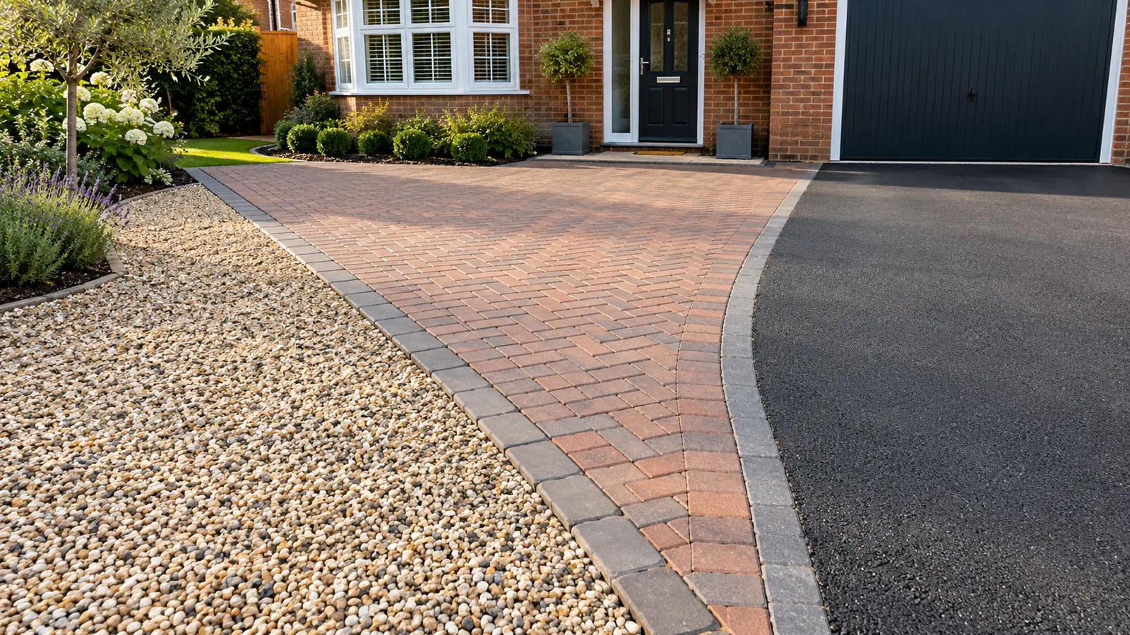 types of driveways - three different gravel, block paving and tarmac driveway surface finishes outside a UK home